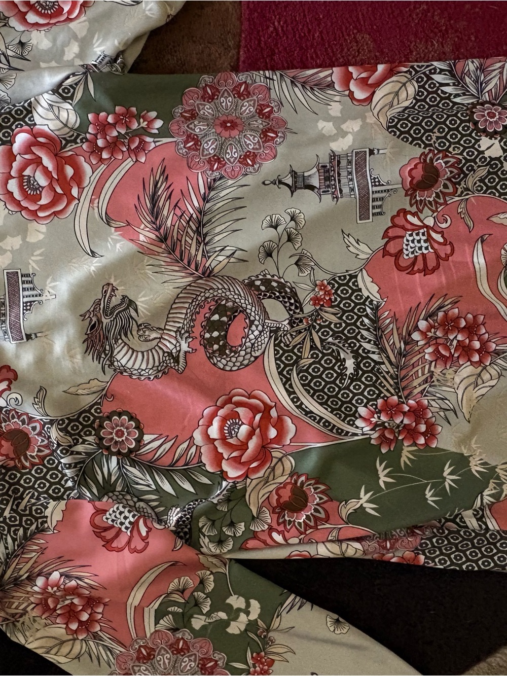 Vintage Natori Silky Maxi Gown Robe Coral & Olive Long Split Sleeve & Pockets - Picture 9 of 10